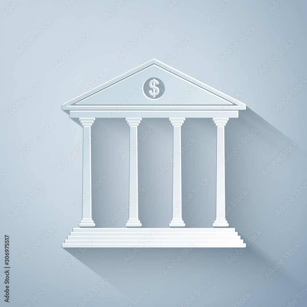 Paper cut Bank building icon isolated on grey background. Paper art style. Vector Illustration Paper cut Bank building icon isolated on grey background. Paper art style. Vector Illustration