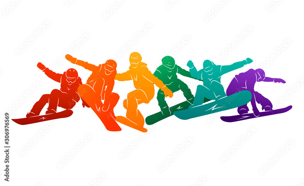 Snowboard, snowboarders, snowboarding extreme winter sport people silhouettes vector illustration, riding a board, tricks