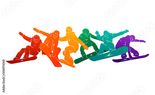 Snowboard, snowboarders, snowboarding extreme winter sport people silhouettes vector illustration, riding a board, tricks