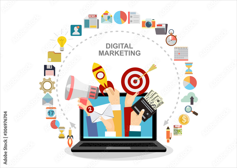 Hands holding megaphone, mail, start up and target coming out from laptop, digital marketing vector concept. Vector flat design illustration. Hands holding megaphone, mail, start up and target coming out from laptop, digital marketing vector concept. Vector flat design illustration.