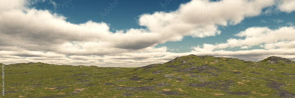 Green hills under the sky with clouds. 3d rendering.