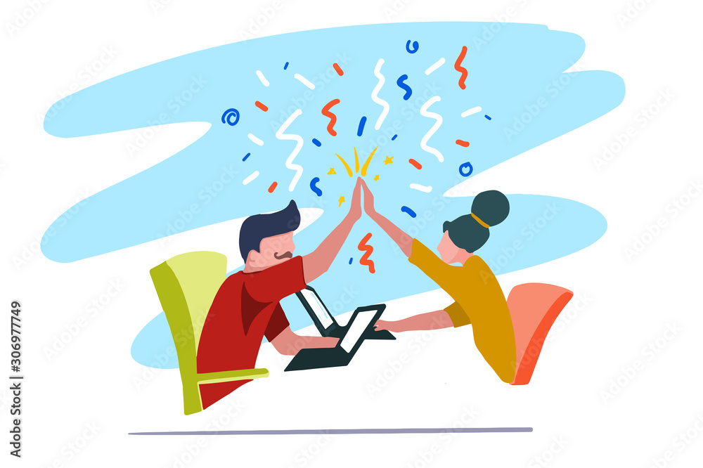 High - Five! Coworkers celebrating success. Vector illustration