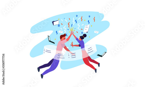 High - Five! Coworkers celebrating success. Vector illustration