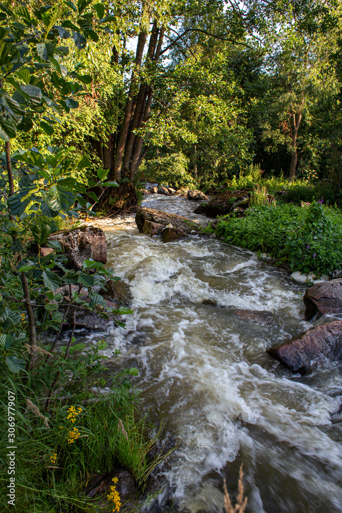 Finnish river running wild in the nature. Close photos of powerful water streams. Finnish river running wild in the nature. Close photos of powerful water streams.