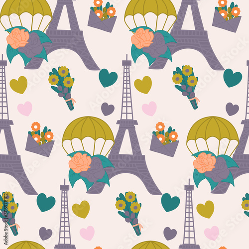 Eifeel tour, flower baloon and hearts in a seamless pattern design photo