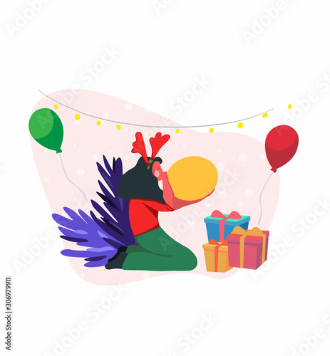 Young woman blowing balloons for the New Year's party. Flat vector illustrations.