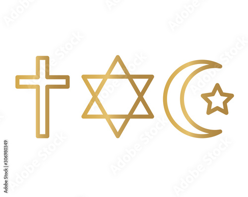 Valokuva religious symbols: christian cross, star of David and islamic crescent icon- vec
