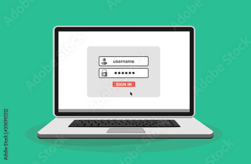 Laptop with login form page on screen. Sign in to account, user authorization, login authentication page concept. Username, password fields, sign in button. Design vector illustration