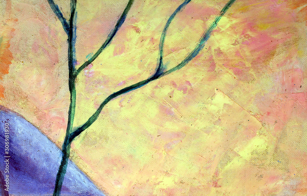 Abstract composition, silhouette of a branch on a yellow-pink picturesque background, art. The picture is painted in oil paints.