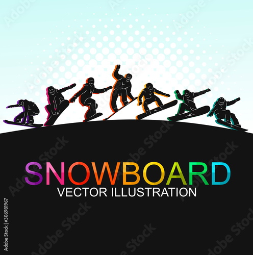 Snowboard, snowboarders, snowboarding extreme winter sport people silhouettes vector illustration, riding a board, tricks