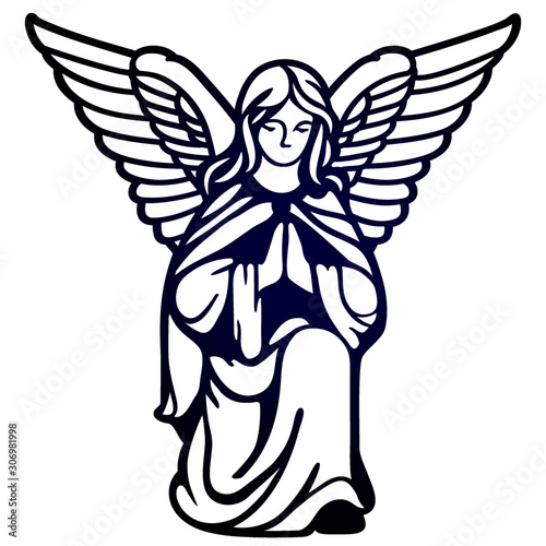 Laser cutting template. Angel in reverent prayer. Ornate stencil for baptism. Die cut black and white silhouette. Paper cutout. Icon. Logo. Vector illustration for wedding invitation, birthday card.