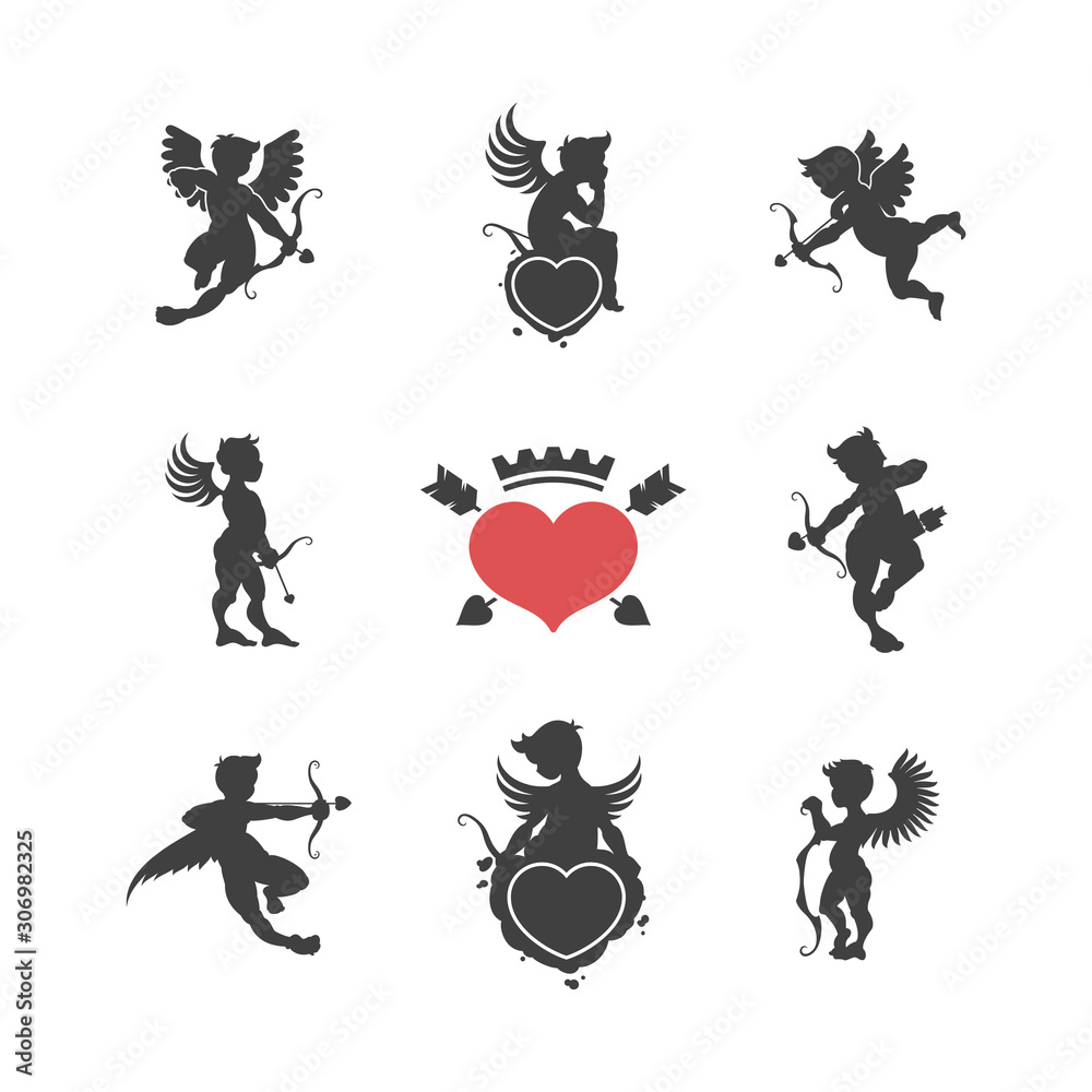Fototapeta premium Set of vintage cute cupid silhouettes and hearts shapes for decoration greeting cards or banners