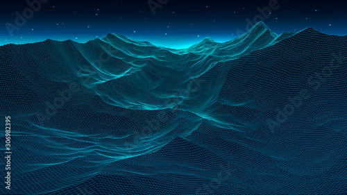Vector wireframe 3d landscape. Vector perspective grid. Network of connected dots and lines. Detailed lines on gradient background.