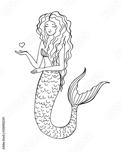 Hand drawn mermaid isolated on white background. Back and white vector illustration. Siren. Sea theme.