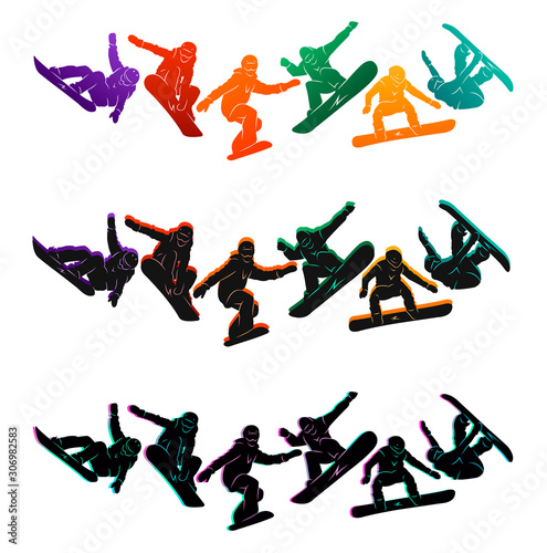 Snowboard, snowboarders, snowboarding extreme winter sport people silhouettes vector illustration, riding a board, tricks