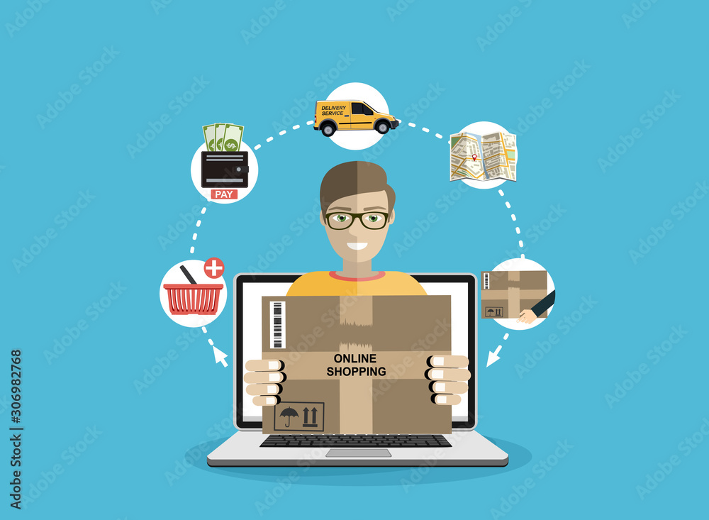 Concept for fast delivery service. Man hands hold a package box. Flat vector illustration. Concept for fast delivery service. Man hands hold a package box. Flat vector illustration.
