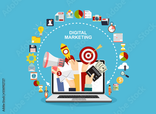 Hands holding megaphone, mail, start up and target coming out from laptop, digital marketing vector concept. Vector flat design illustration.