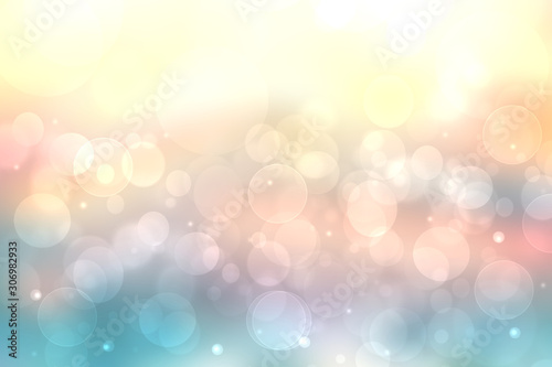 Abstract blurred fresh vivid spring summer light delicate pastel yellow pink orange turquoise bokeh background texture with bright circular soft color lights. Beautiful backdrop illustration.