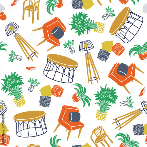 Vector seamless pattern with living room furniture and houseplants on white background. Colored pattern on the theme of interior design