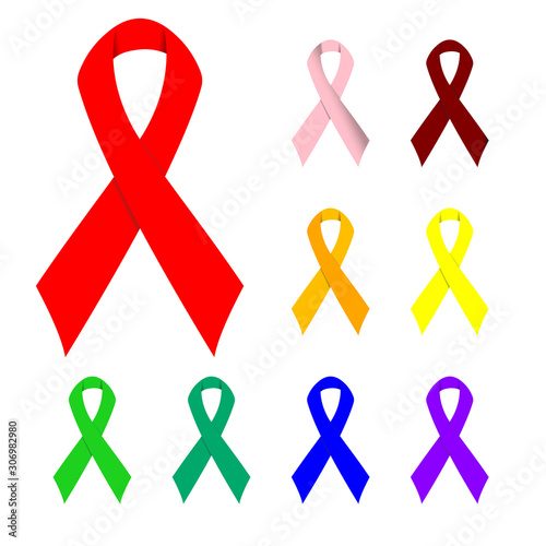 Colorful Awareness Ribbons Design Element Banner Emblem Sign Symbol Vector Illustration Various Colors on White Background