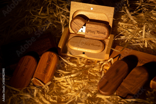 USB flash drive wood in a box. with laser engraving 