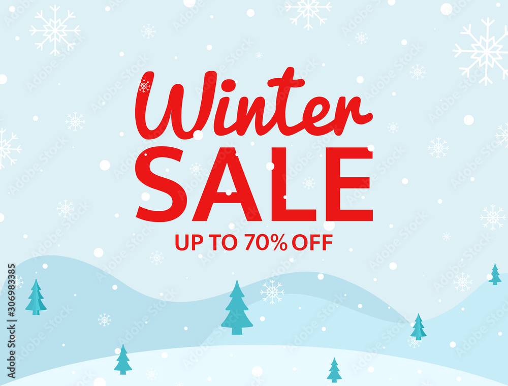 Winter sale banner on blue background. Holiday design with snowflakes, winter landscape and text. Special offer template. Seasonal retail promotion. Vector illustration