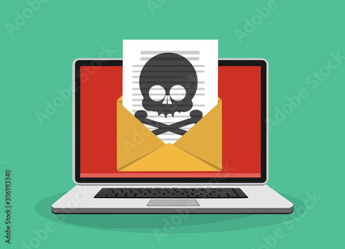 Laptop with open envelope and skull on the screen. Concept of virus, piracy, hacking and security. Flat vector illustration.