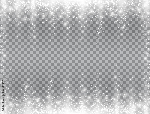 Snow falling frame. Bright magic Christmas design on transparent background. Glitter snowflakes, sparkling snowfall and glowing particles. Winter backdrop with realistic snow. Vector illustration