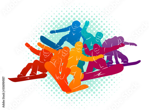 Snowboard, snowboarders, snowboarding extreme winter sport people silhouettes vector illustration, riding a board, tricks