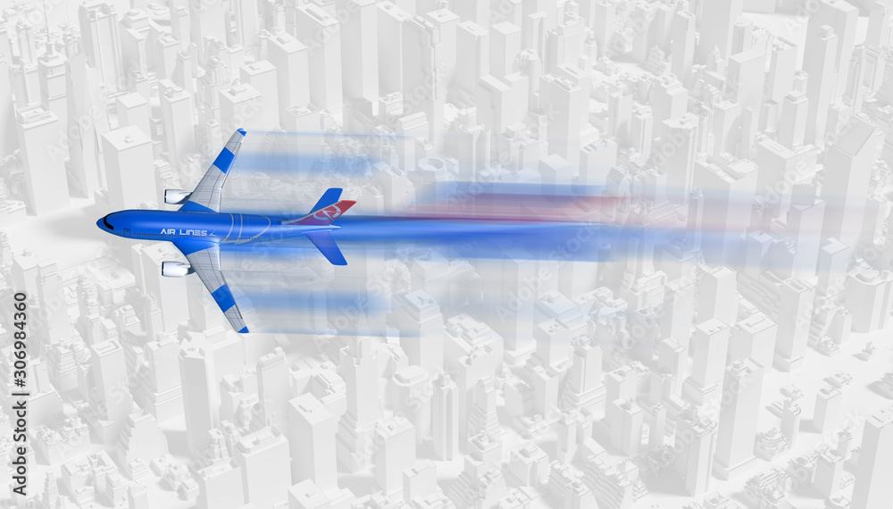 Blue Airbus jet over simplified city skyscrapers motion blur illustration cleared 3D render graphics design