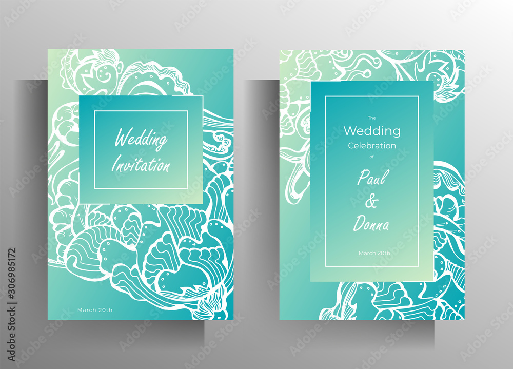 Design wedding invitation card set. Hand drawn graphic floral elements on jade background. EPS 10 vector