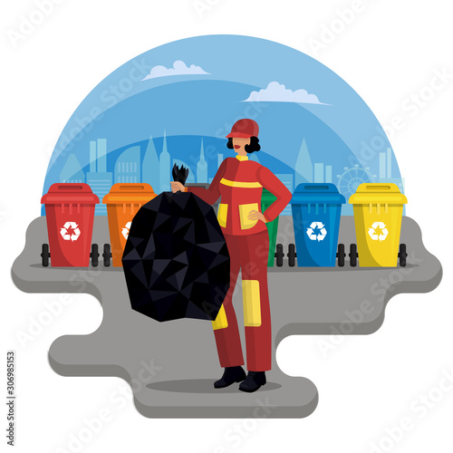 Female janitor, utility worker In uniform cleans street against the backdrop of containers for garbage of different type
