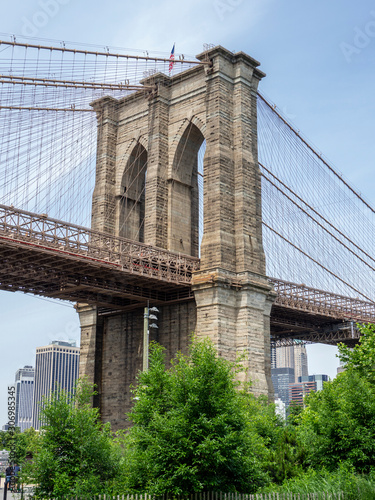 New York, NY, USA. Views of the Brooklyn bridge from the historic and trendy Dumbo neighborhood. Wonderful summer day. Holiday time