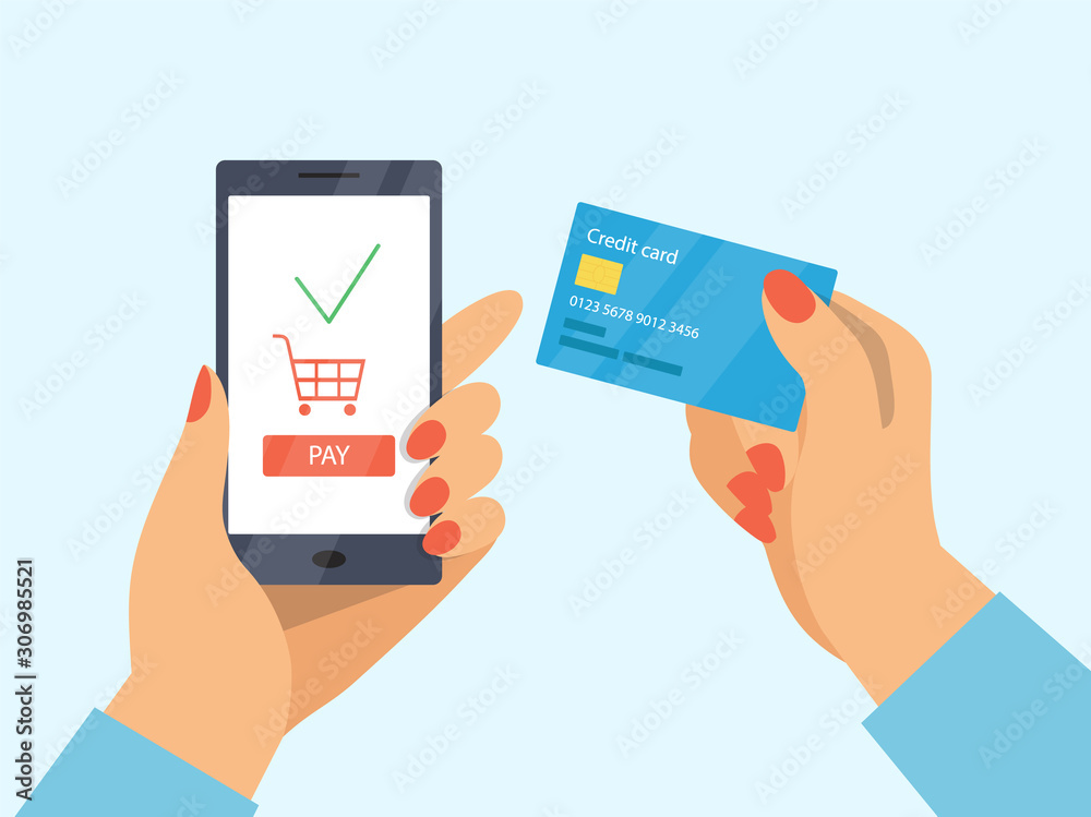Mobile banking concept illustration. Online payment process by credit card. Hand with mobile phone, bank application and credit card. Flat style.