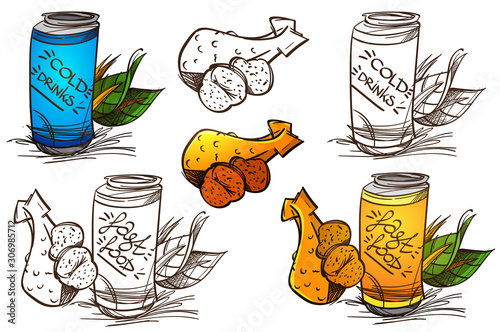 Set of color and outline illustrations fast food and soft drinks. Jar with a drink and chicken legs with baked potatoes.