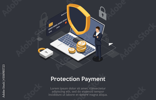 Isometric database protection concept. Server room rack, database security, shield server unit, computing digital technology. Internet equipment industry.