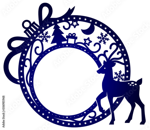 Laser cutting template. Christmas ball with a deer in winter magic forest. Silhouette. Christmas design for photo frame. Decor for home. Vector illustration for wood carving, paper cut or printing.