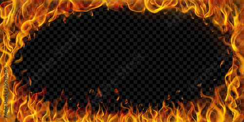 Translucent elliptical frame made of fire flames and sparks on transparent background. For used on dark illustrations. Transparency only in vector format