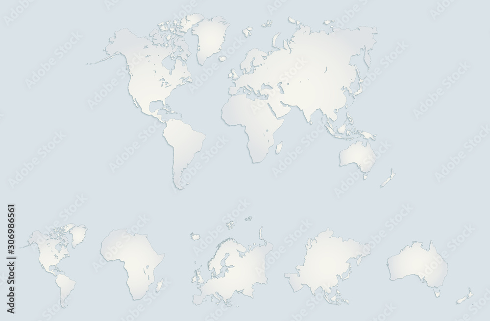 World continents map, collection America, Europe, Africa, Asia, Australia, blue white paper blank