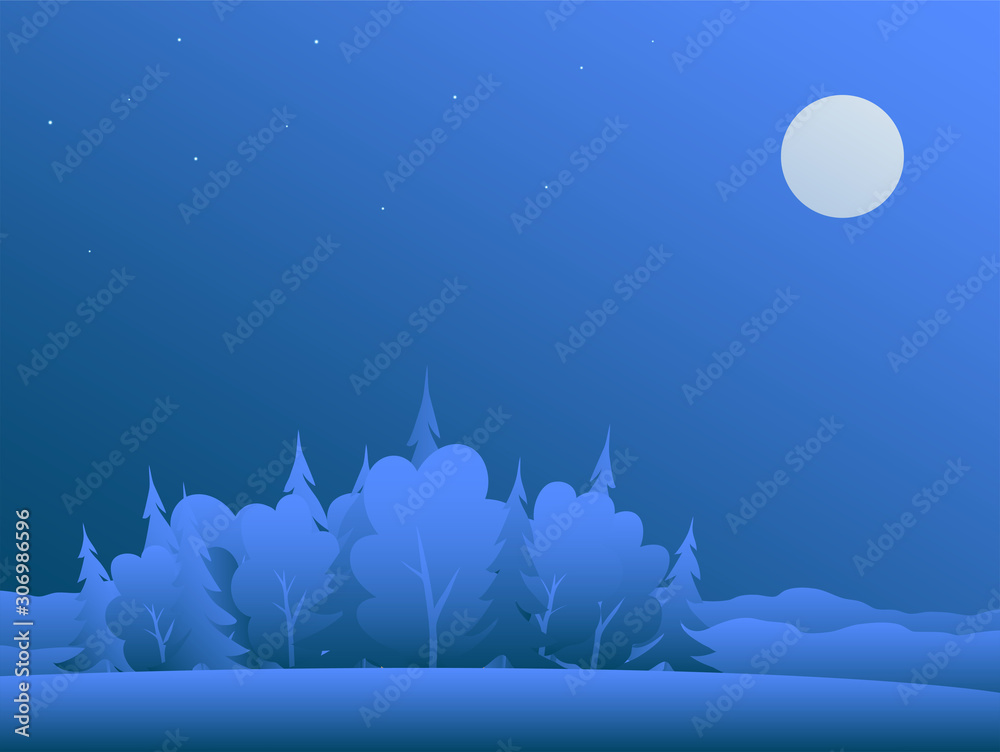 Obraz premium Winter night forest in the snow. Dark blue sky with a full moon and stars. Vector flat illustration for background.