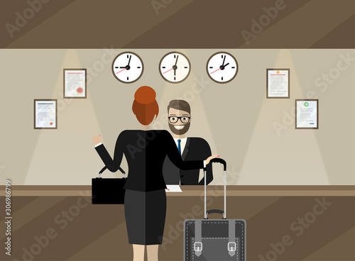 Hotel reception. Young man receptionist stands at reception desk, in the lobby are also visitors. Travel, hospitality, hotel booking concept. Vector illustration