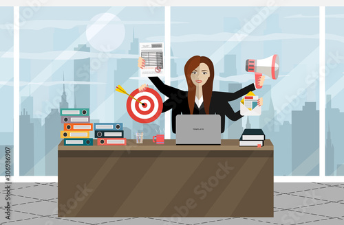 Business woman surrounded by hands with office things. Multitasking and time management concept. Vector flat design illustration. Square layout