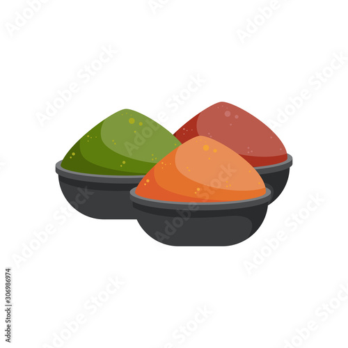 Spices powder bowls set. Aromatic seasoning, vector illustration