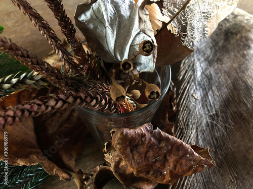 Arrangement with leaves  flowers  branches of dry ipe. Dried leaves of coconut tree. Option for decoration. Shades of brown. Aged Seen up close. Selective focus. Horizontal