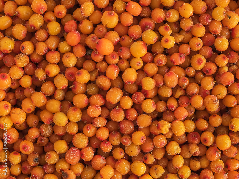 The berries of sea buckthorn. Close-up. Ingredients for Herbal Tea. Background of berries.