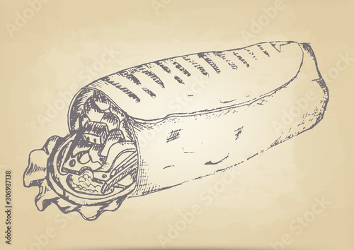 sketch in pencil on old yellow paper. Shawarma, meat and vegetables wrapped with thin pita bread