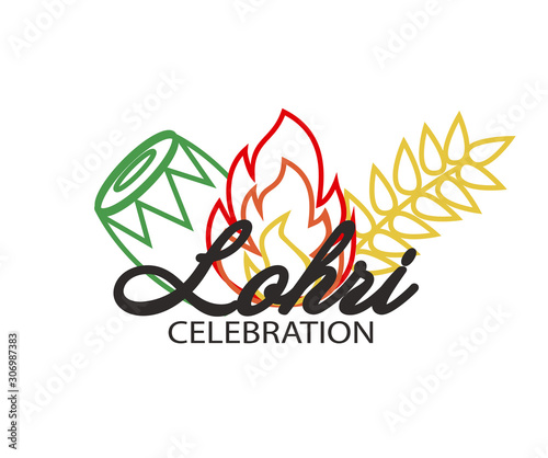 Lohri Celebration vector. Indian Punjabi harvest festival template with Lohri symbols on white background.