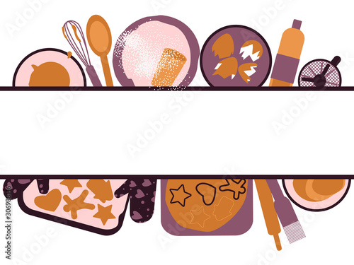 Pastry baking frame in flat style on white background.  Food preparation concept.  Pastry baking frame, great design for any purposes. Isolated vector illustration.