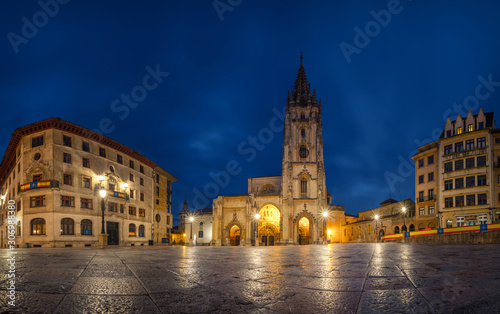 Oviedo, Spain. Panoramic view of Plaza Alfonso II el Casto with Cathedral at dusk