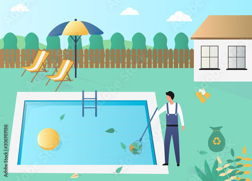 A man is cleaning the pool outdoor. The service worker removes the leaves with a net in a trash bag on the front lawn, cleans the water. Flat vector illustration on a green background.